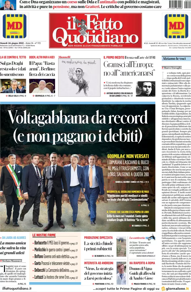 Prime pagine quotidiani 24 giugno 2022: la Ue accoglie l’Ucraina e la siccità Prime pagine quotidiani 24 giugno 2022: la Ue accoglie l’Ucraina e la siccità