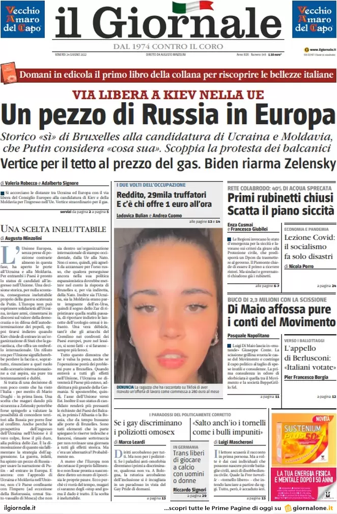 Prime pagine quotidiani 24 giugno 2022: la Ue accoglie l’Ucraina e la siccità Prime pagine quotidiani 24 giugno 2022: la Ue accoglie l’Ucraina e la siccità
