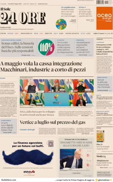 Prime pagine quotidiani economici 24 giugno 2022: vertice per prezzo del gas