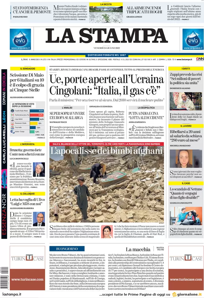 Prime pagine quotidiani 24 giugno 2022: la Ue accoglie l’Ucraina e la siccità Prime pagine quotidiani 24 giugno 2022: la Ue accoglie l’Ucraina e la siccità