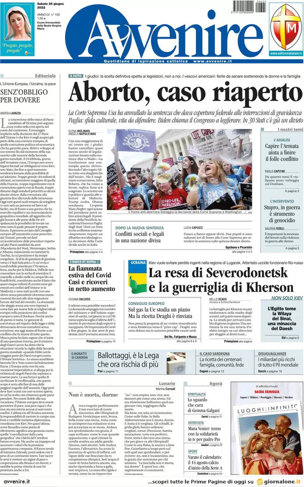 Prime pagine quotidiani 25 giugno 2022: La svolta Usa sull’aborto fa discutere Prime pagine quotidiani 25 giugno 2022: La svolta Usa sull’aborto fa discutere