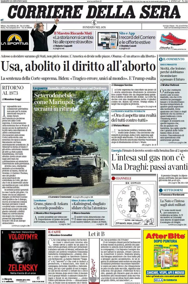 Prime pagine quotidiani 25 giugno 2022: La svolta Usa sull’aborto fa discutere Prime pagine quotidiani 25 giugno 2022: La svolta Usa sull’aborto fa discutere