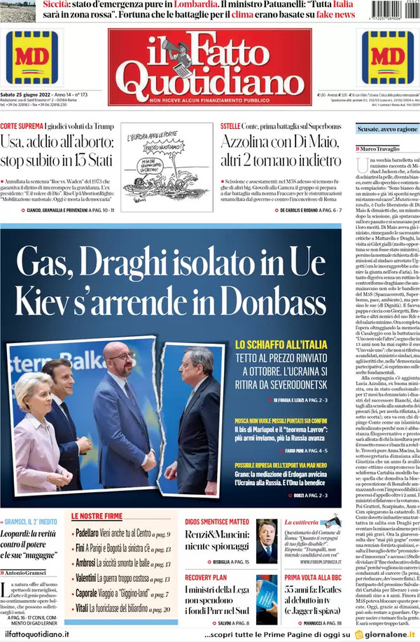 Prime pagine quotidiani 25 giugno 2022: La svolta Usa sull’aborto fa discutere Prime pagine quotidiani 25 giugno 2022: La svolta Usa sull’aborto fa discutere