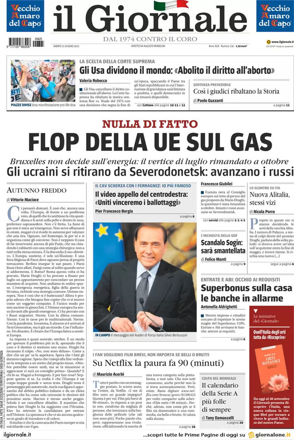 Prime pagine quotidiani 25 giugno 2022: La svolta Usa sull’aborto fa discutere Prime pagine quotidiani 25 giugno 2022: La svolta Usa sull’aborto fa discutere