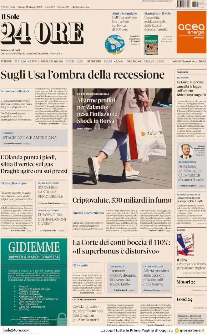 Prime pagine quotidiani economici 25 giugno 2022: allarme recessione negli Usa