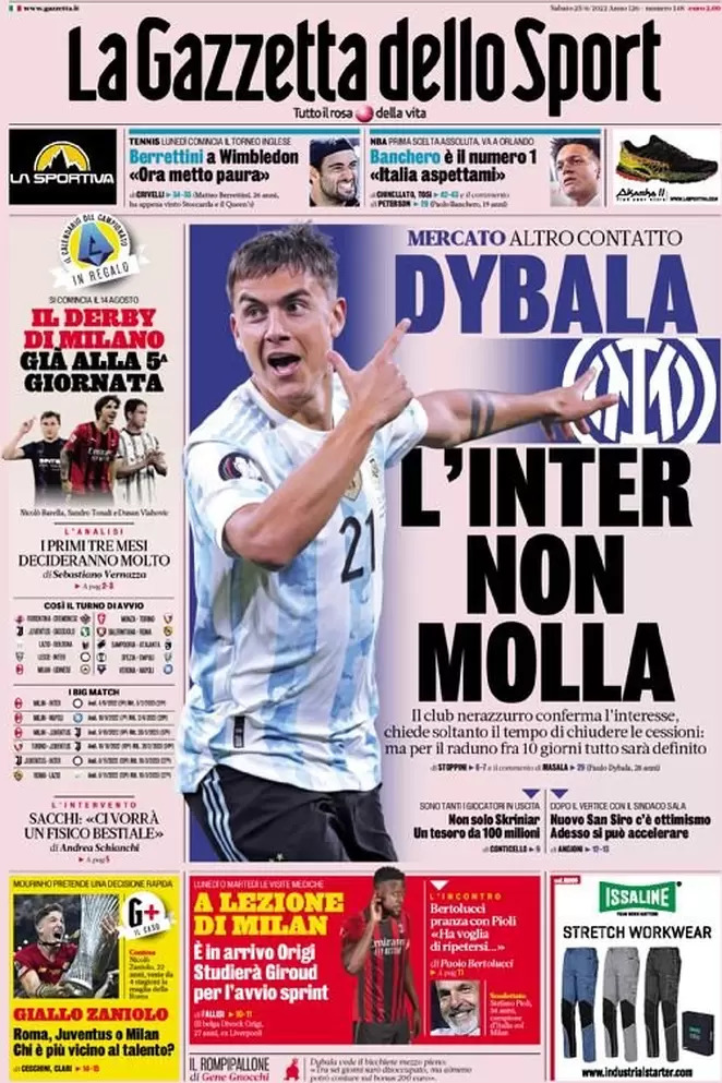 Prime pagine quotidiani sportivi 25 giugno 2022: Dybala star del calciomercato