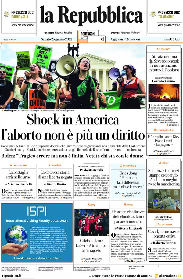 Prime pagine quotidiani 25 giugno 2022: La svolta Usa sull’aborto fa discutere Prime pagine quotidiani 25 giugno 2022: La svolta Usa sull’aborto fa discutere