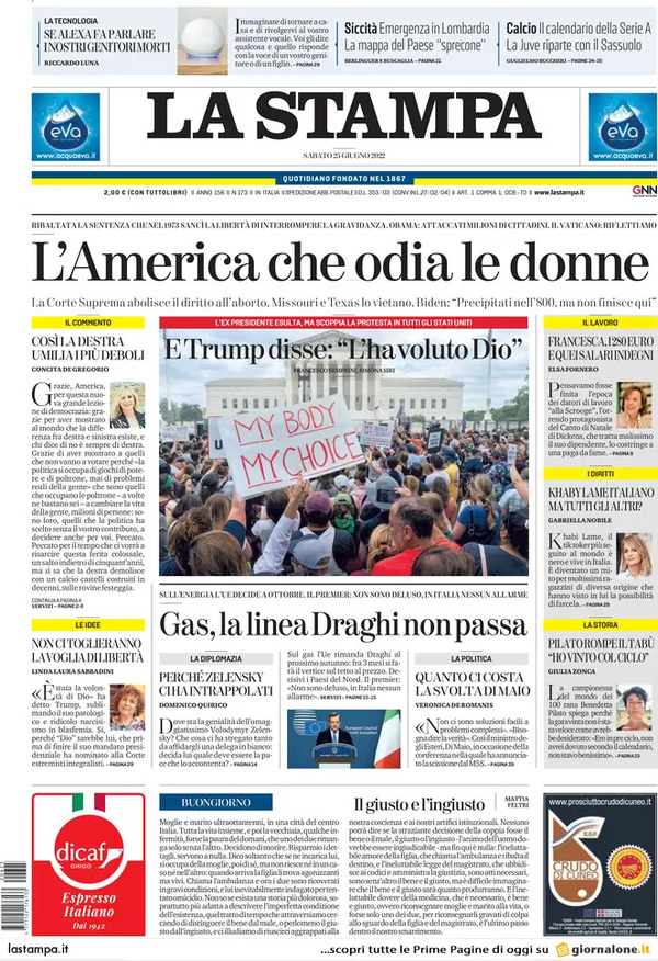 Prime pagine quotidiani 25 giugno 2022: La svolta Usa sull’aborto fa discutere Prime pagine quotidiani 25 giugno 2022: La svolta Usa sull’aborto fa discutere