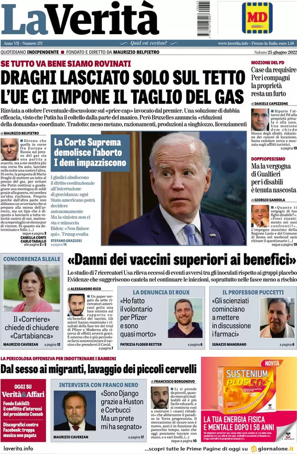 Prime pagine quotidiani 25 giugno 2022: La svolta Usa sull’aborto fa discutere Prime pagine quotidiani 25 giugno 2022: La svolta Usa sull’aborto fa discutere