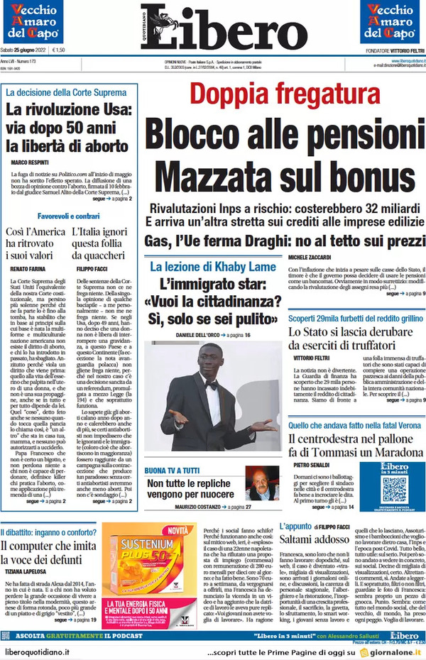 Prime pagine quotidiani 25 giugno 2022: La svolta Usa sull’aborto fa discutere Prime pagine quotidiani 25 giugno 2022: La svolta Usa sull’aborto fa discutere