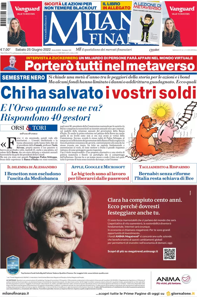 Prime pagine quotidiani economici 25 giugno 2022: allarme recessione negli Usa