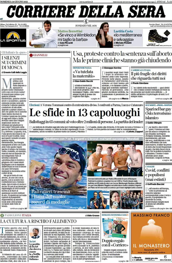 Prime pagine quotidiani 26 giugno 2022: Le sfide in 13 capoluoghi