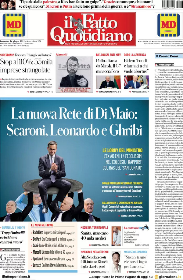 Prime pagine quotidiani 26 giugno 2022: Le sfide in 13 capoluoghi