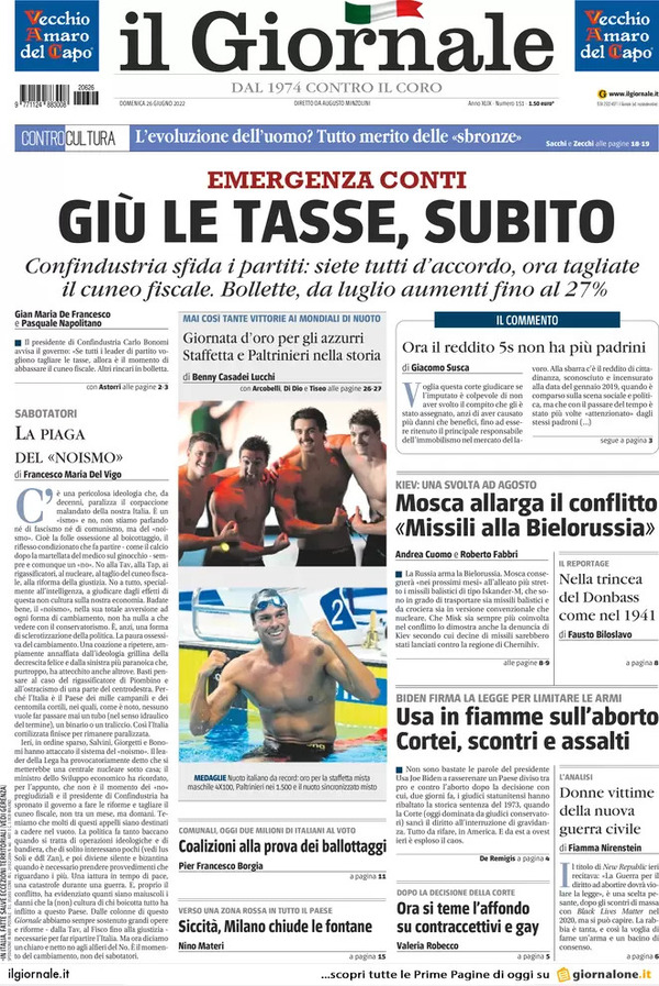 Prime pagine quotidiani 26 giugno 2022: Le sfide in 13 capoluoghi