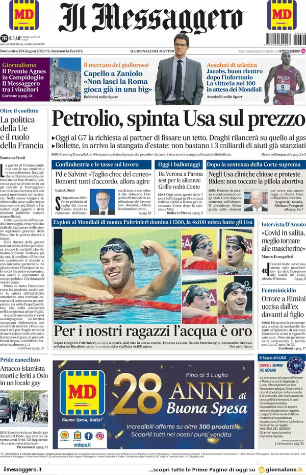 Prime pagine quotidiani 26 giugno 2022: Le sfide in 13 capoluoghi