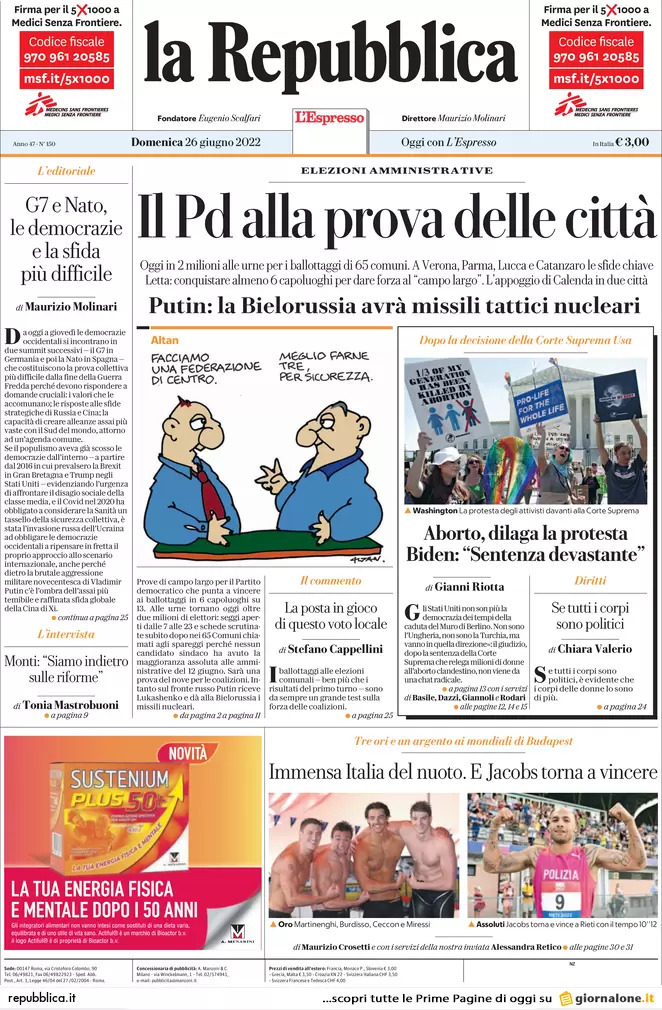 Prime pagine quotidiani 26 giugno 2022: Le sfide in 13 capoluoghi