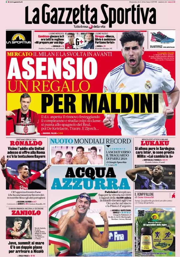 Prime pagine dei giornali sportivi del 26 giugno 2022: Asensio un regalo per Maldini