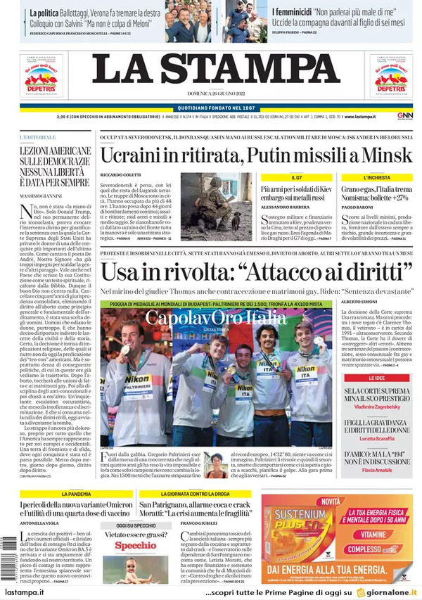 Prime pagine quotidiani 26 giugno 2022: Le sfide in 13 capoluoghi