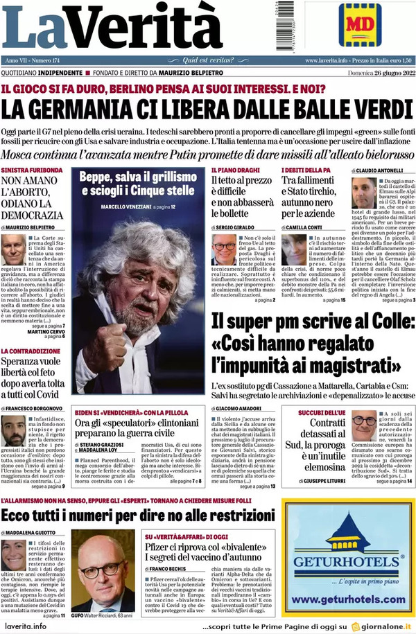Prime pagine quotidiani 26 giugno 2022: Le sfide in 13 capoluoghi