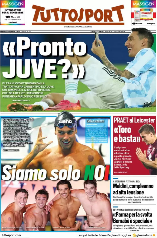 Prime pagine dei giornali sportivi del 26 giugno 2022: Asensio un regalo per Maldini