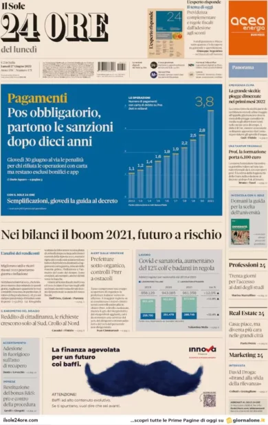 Prime pagine quotidiani economici 27 giugno 2022: Pos obbligatorio e siccità