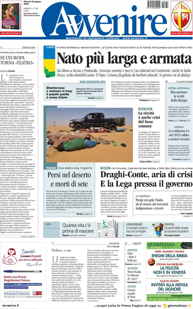 Prime pagine giornali 30 giugno 2022: Lega e M5s valutano l’uscita dal governo