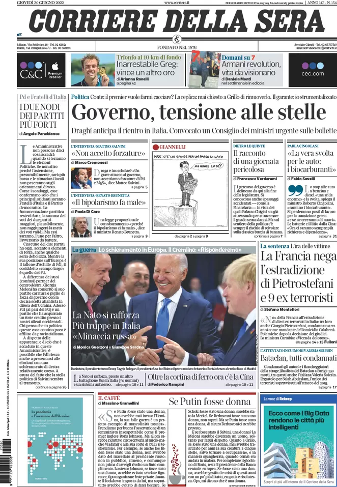 Prime pagine giornali 30 giugno 2022: Lega e M5s valutano l’uscita dal governo
