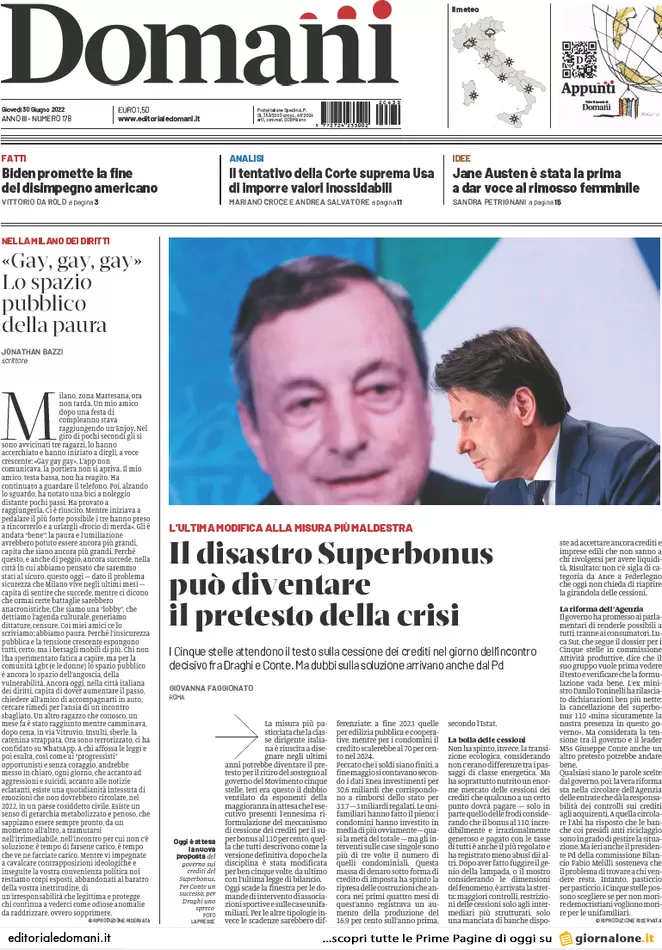 Prime pagine giornali 30 giugno 2022: Lega e M5s valutano l’uscita dal governo