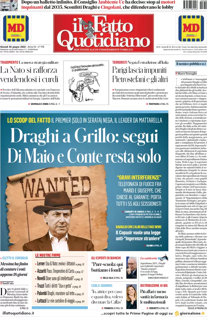 Prime pagine giornali 30 giugno 2022: Lega e M5s valutano l’uscita dal governo