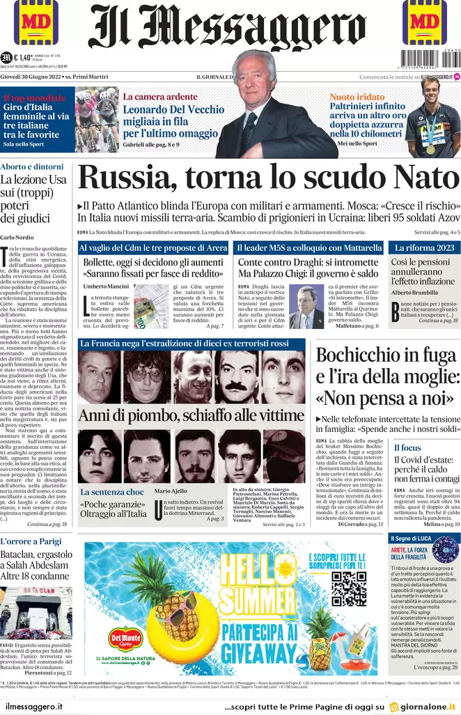 Prime pagine giornali 30 giugno 2022: Lega e M5s valutano l’uscita dal governo