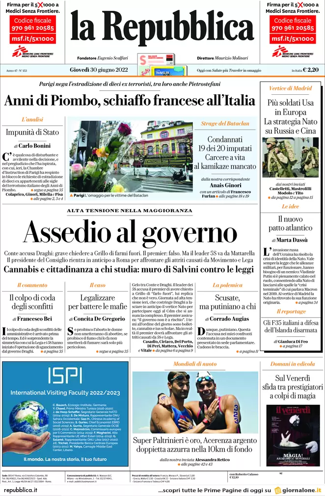 Prime pagine giornali 30 giugno 2022: Lega e M5s valutano l’uscita dal governo