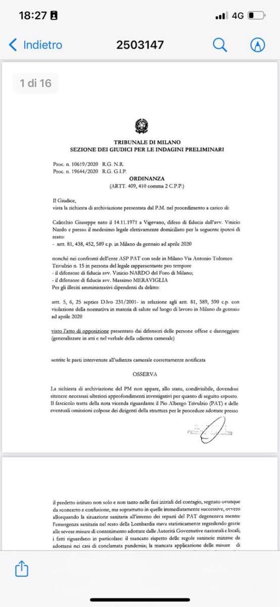 Trivulzio, il giudice: “Indagate”. Respinta l’archiviazione richiesta dal pm