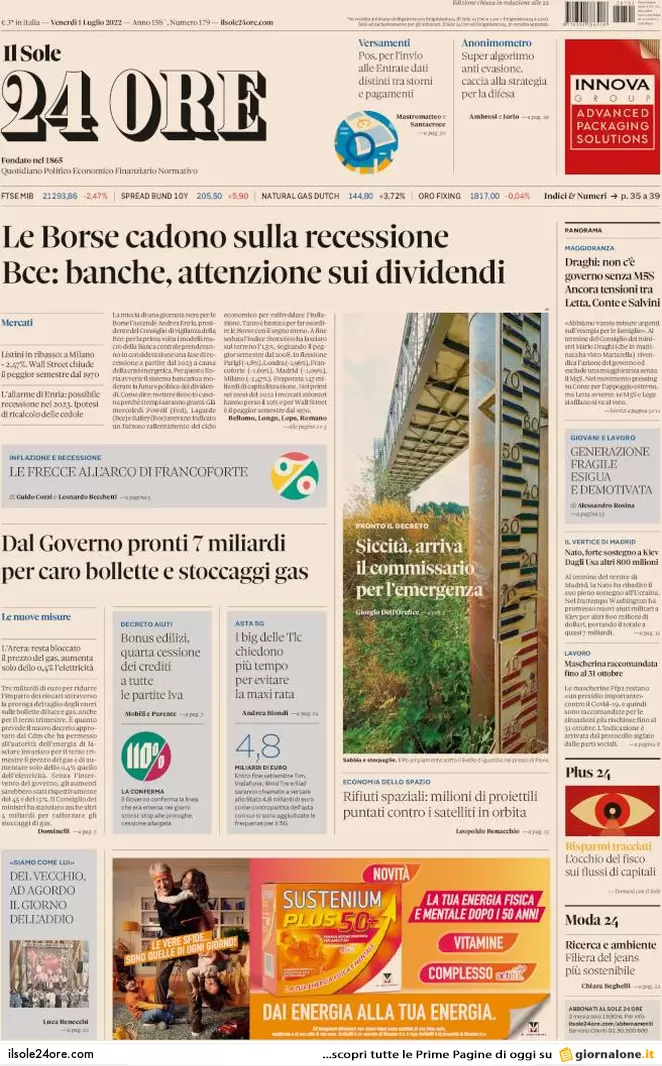 Prime pagine giornali 1 luglio 2022: Draghi non va avanti senza il M5s
