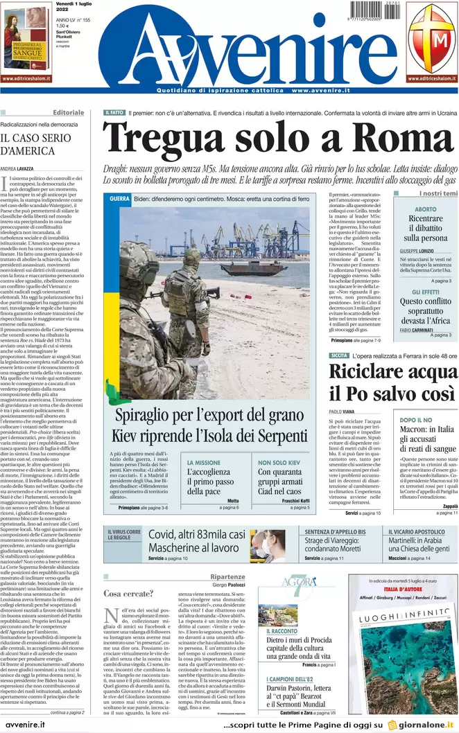 Prime pagine giornali 1 luglio 2022: Draghi non va avanti senza il M5s