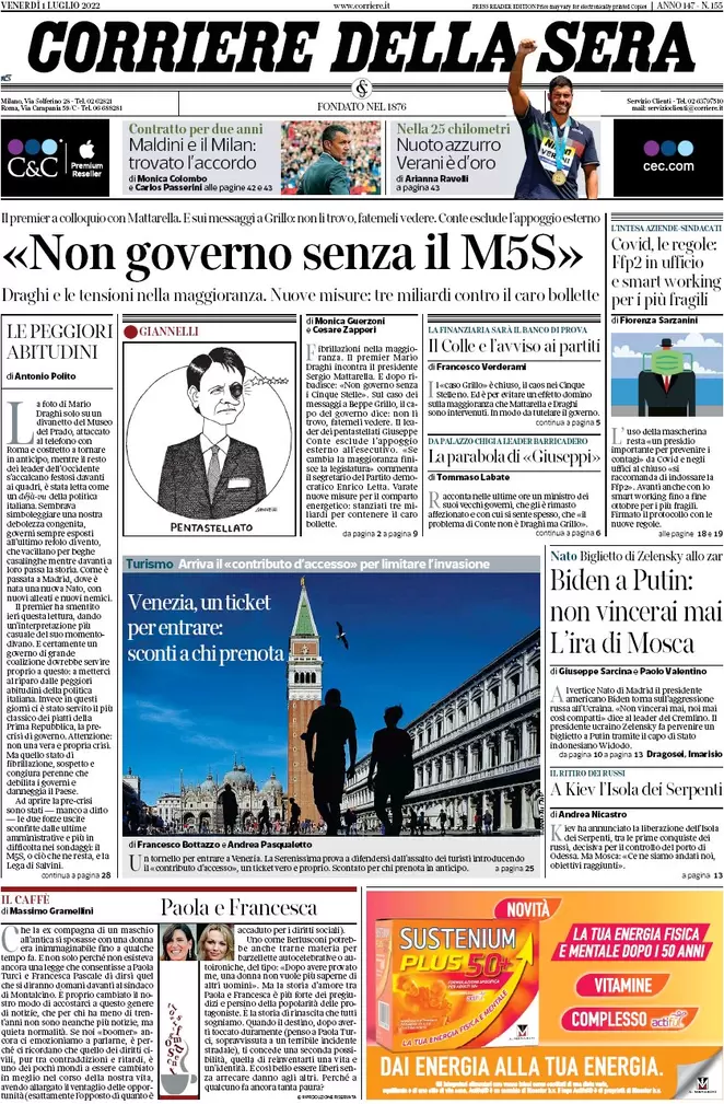 Prime pagine giornali 1 luglio 2022: Draghi non va avanti senza il M5s