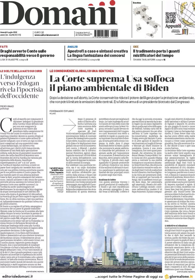 Prime pagine giornali 1 luglio 2022: Draghi non va avanti senza il M5s