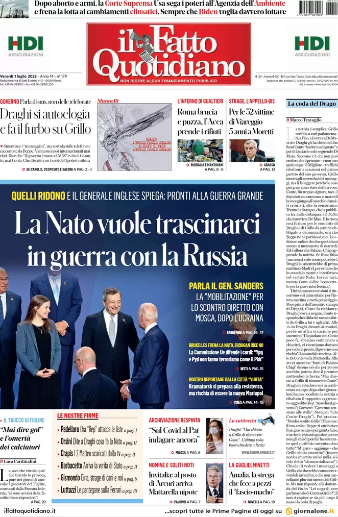 Prime pagine giornali 1 luglio 2022: Draghi non va avanti senza il M5s