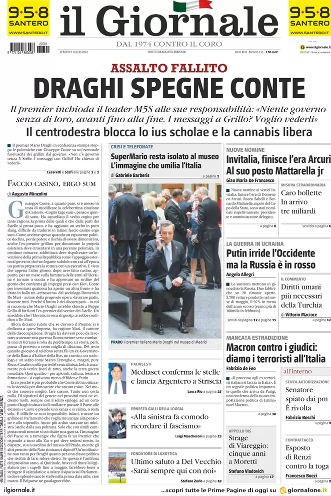 Prime pagine giornali 1 luglio 2022: Draghi non va avanti senza il M5s Prime pagine giornali 1 luglio 2022: Draghi non va avanti senza il M5s