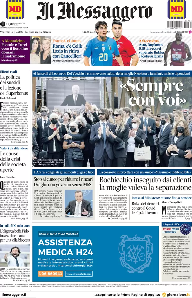 Prime pagine giornali 1 luglio 2022: Draghi non va avanti senza il M5s