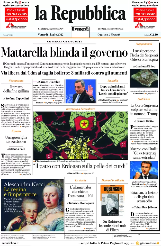 Prime pagine giornali 1 luglio 2022: Draghi non va avanti senza il M5s