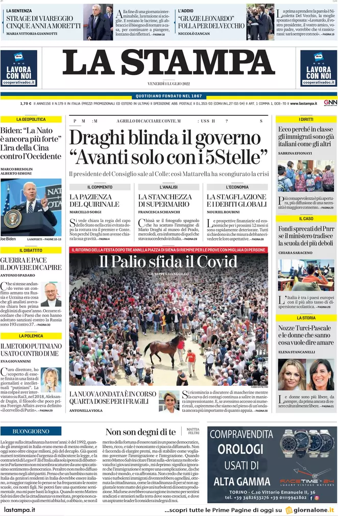 Prime pagine giornali 1 luglio 2022: Draghi non va avanti senza il M5s