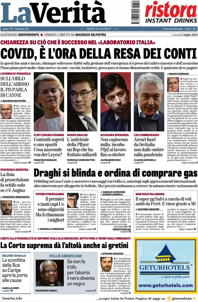 Prime pagine giornali 1 luglio 2022: Draghi non va avanti senza il M5s