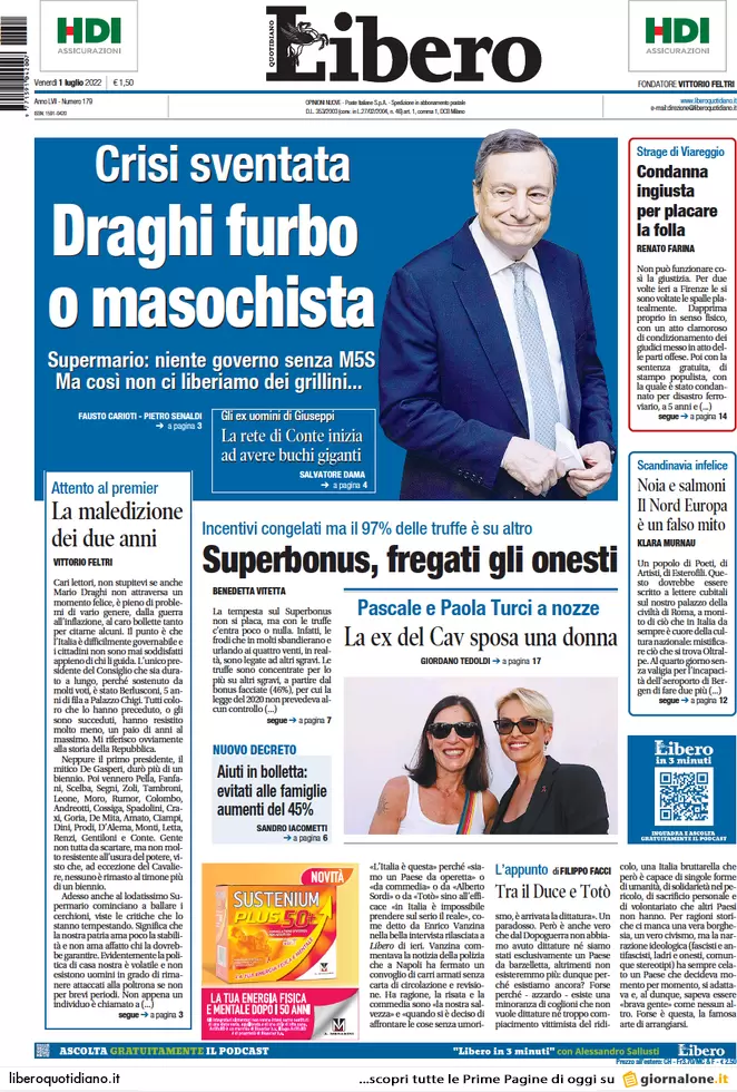 Prime pagine giornali 1 luglio 2022: Draghi non va avanti senza il M5s