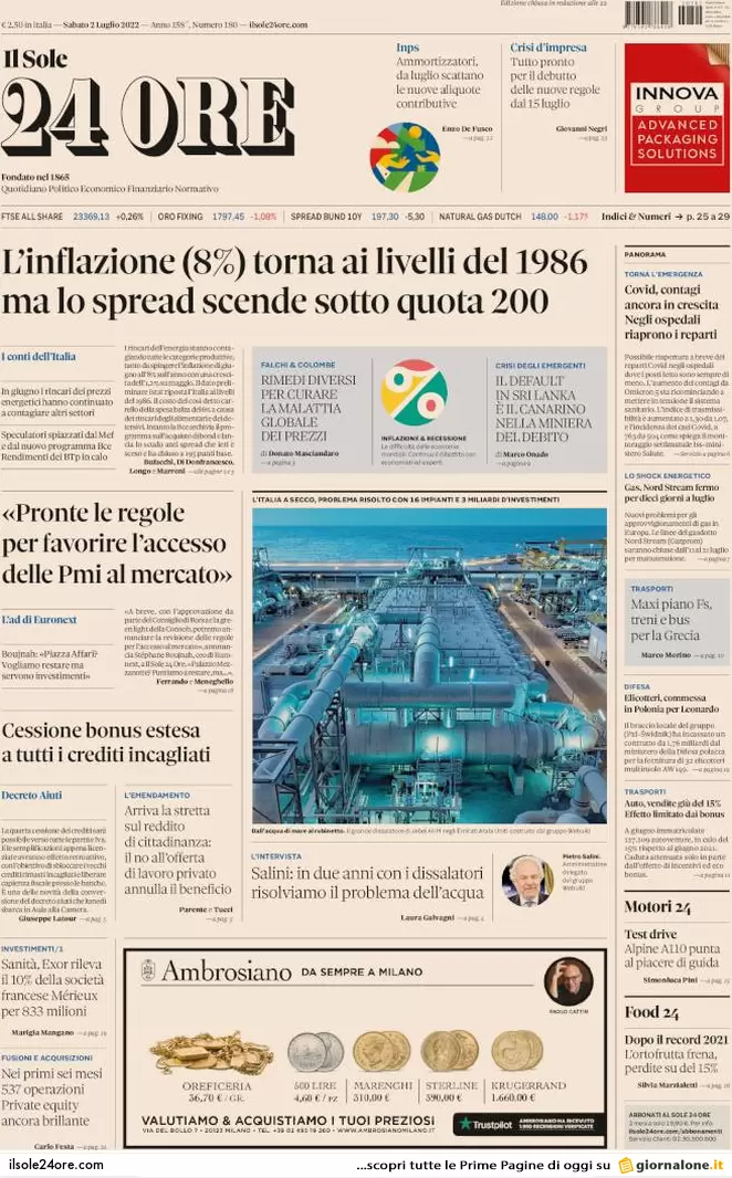 Prime pagine giornali 2 luglio 2022: la folle corsa dell’inflazione