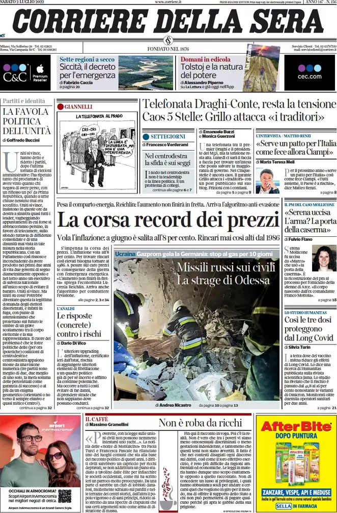 Prime pagine giornali 2 luglio 2022: la folle corsa dell’inflazione