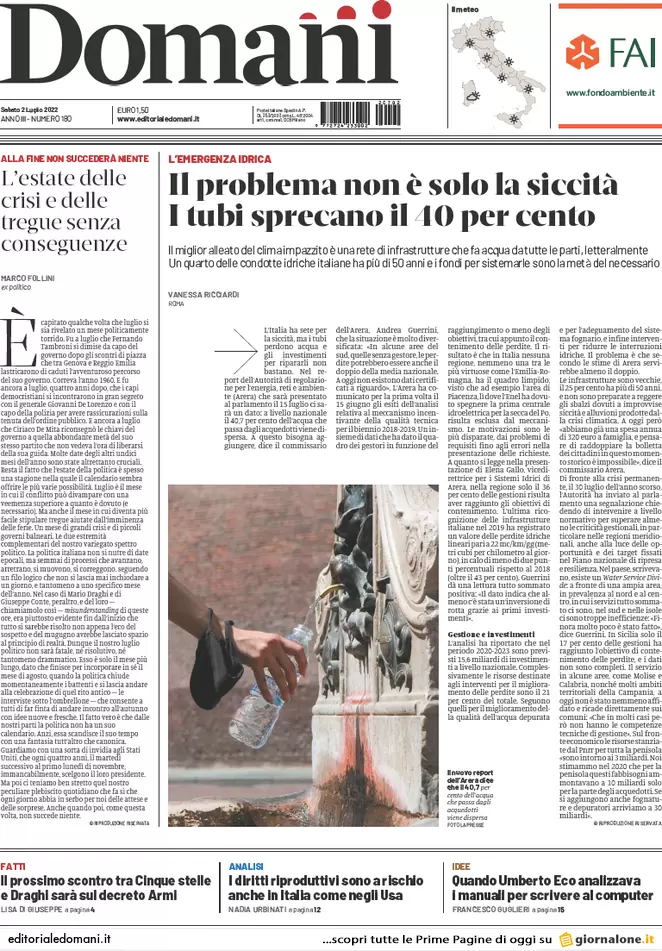 Prime pagine giornali 2 luglio 2022: la folle corsa dell’inflazione