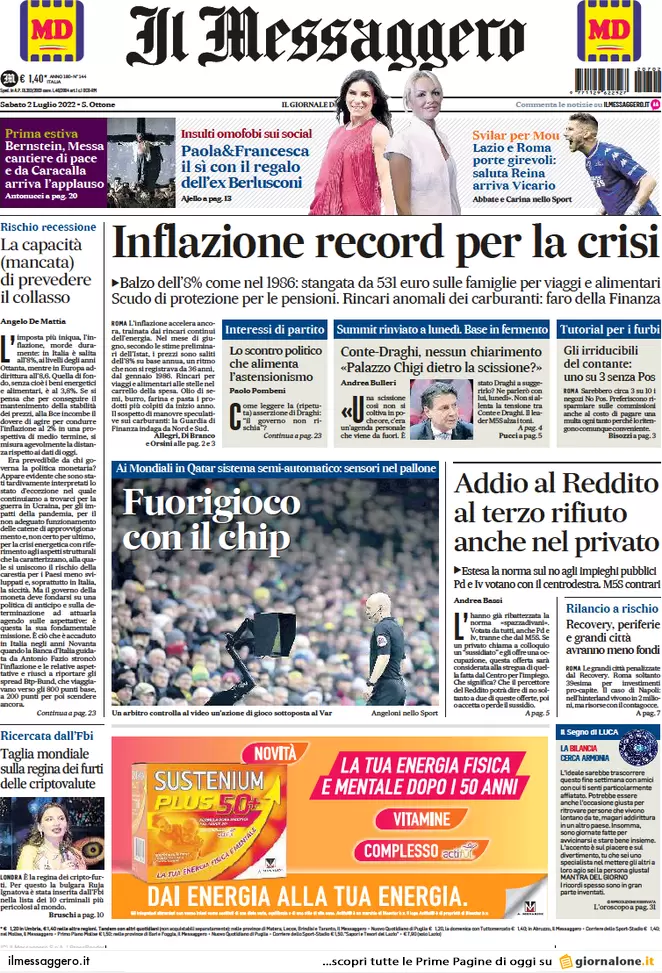 Prime pagine giornali 2 luglio 2022: la folle corsa dell’inflazione