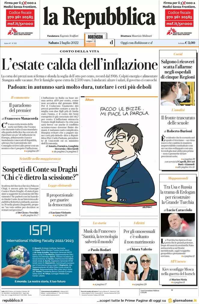 Prime pagine giornali 2 luglio 2022: la folle corsa dell’inflazione
