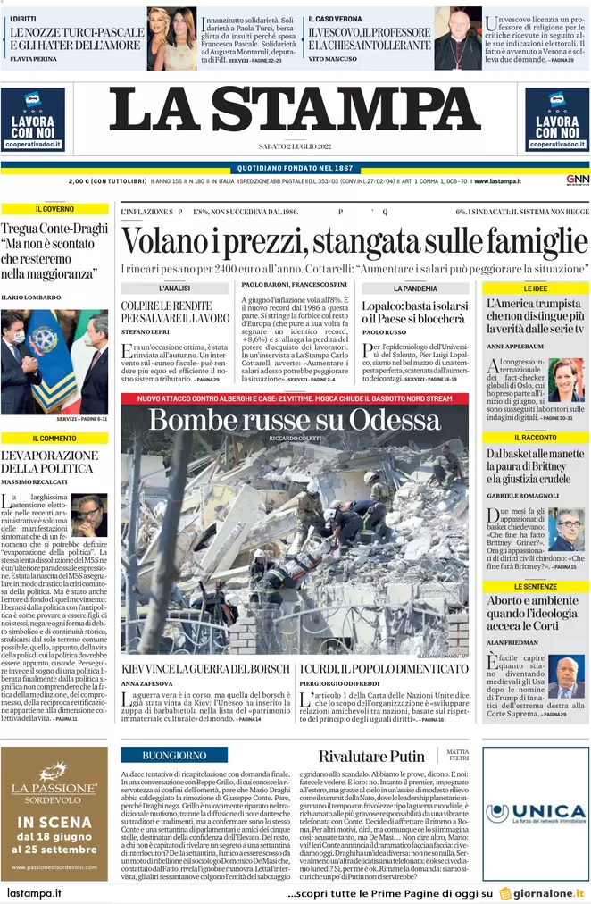 Prime pagine giornali 2 luglio 2022: la folle corsa dell’inflazione
