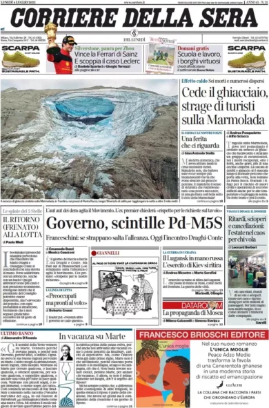 Prime pagine giornali 4 luglio 2022: tragedia in Marmolada, morti e dispersi